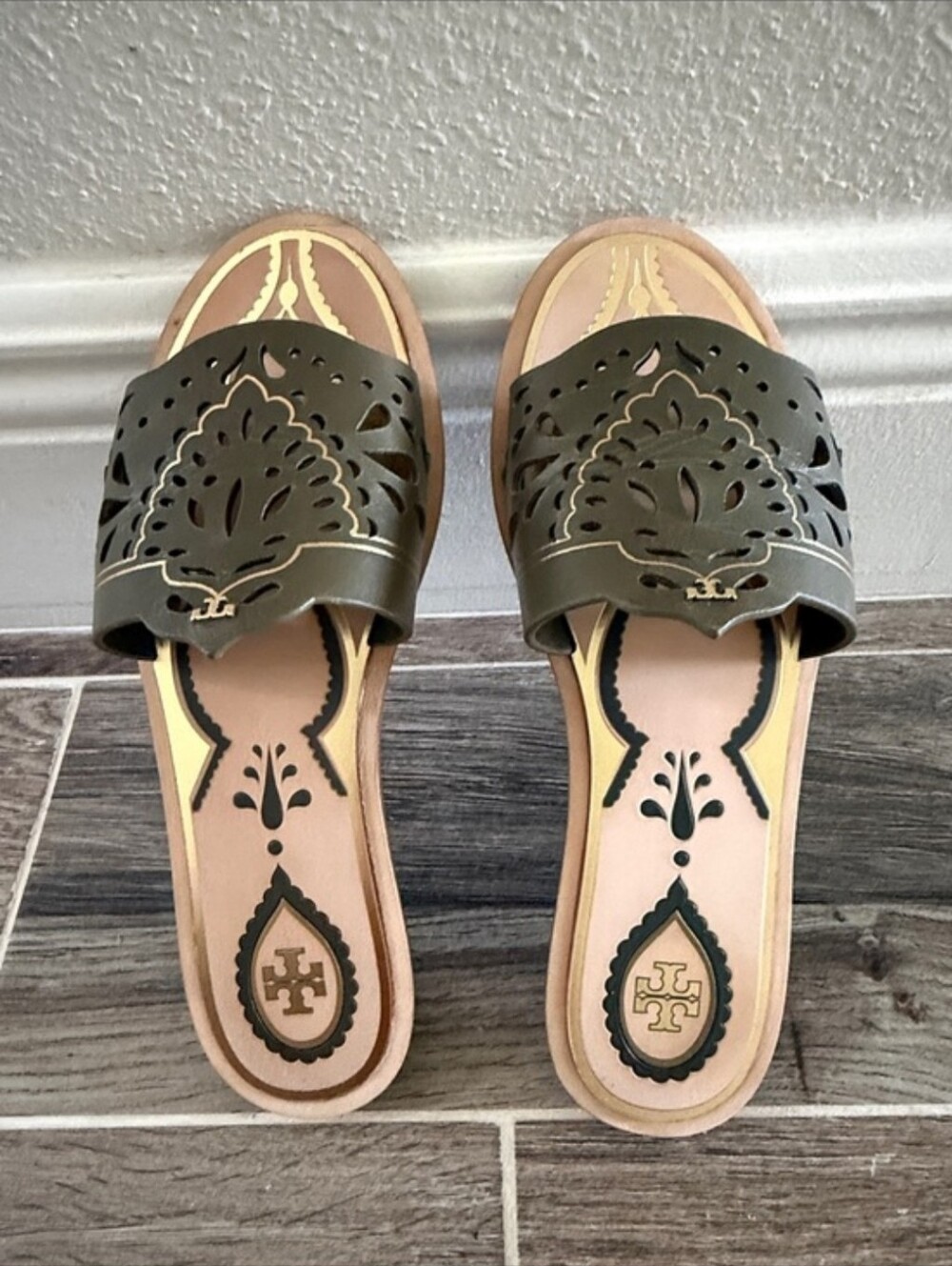 Tory Burch Olive Green Laser-Cut Leather Slide Sandals
